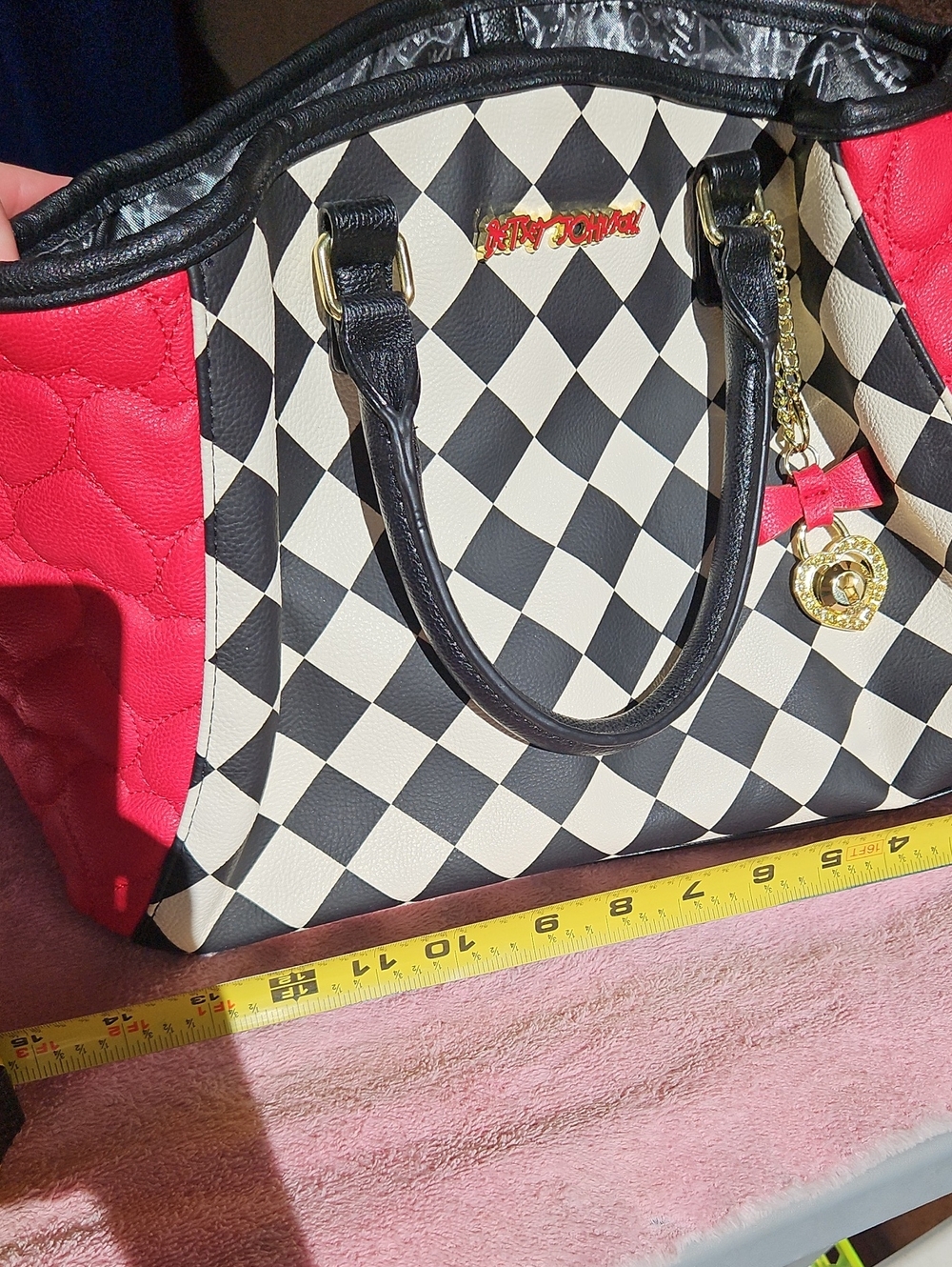 Betsey Johnson Black & White Harlequin Satchel with Red Panels